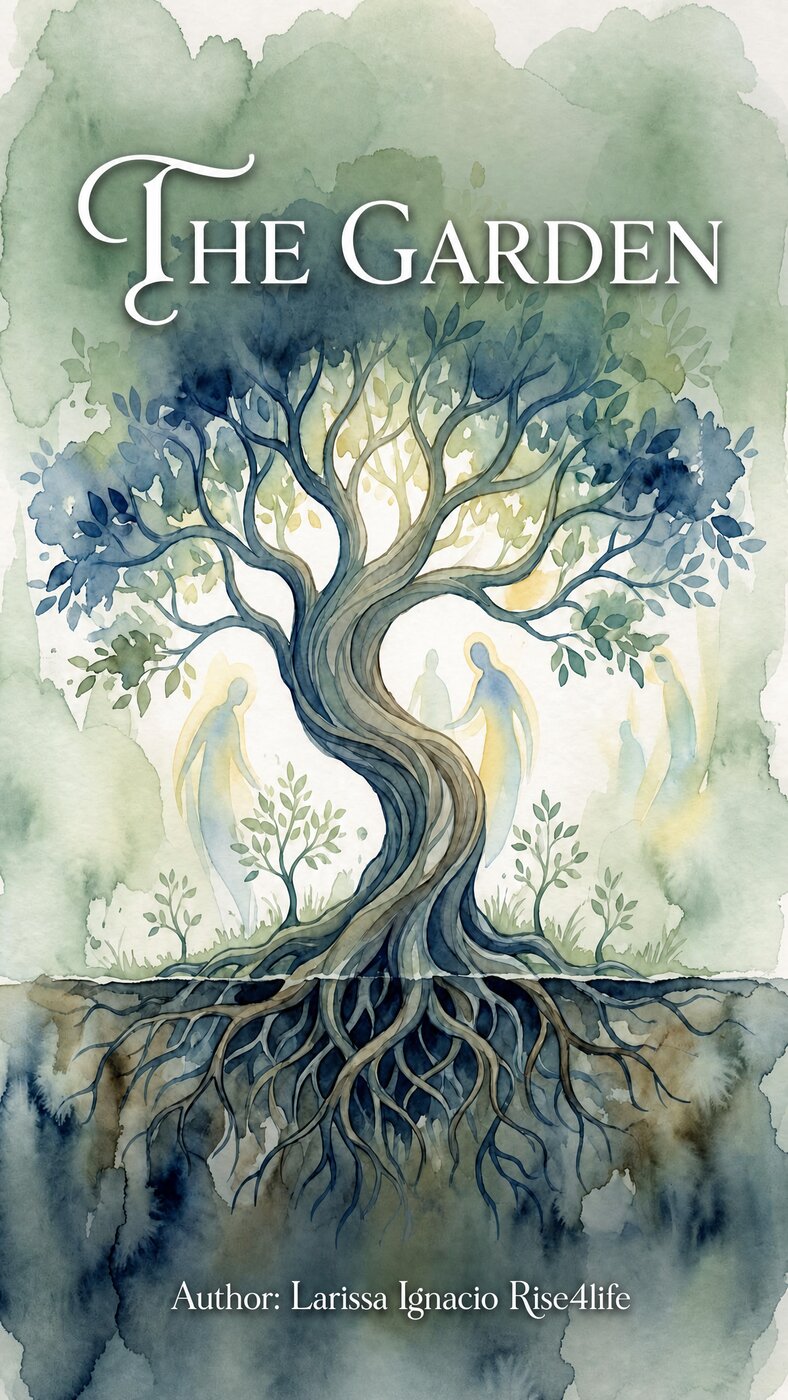 The Garden — book cover with tree, silhouettes and roots